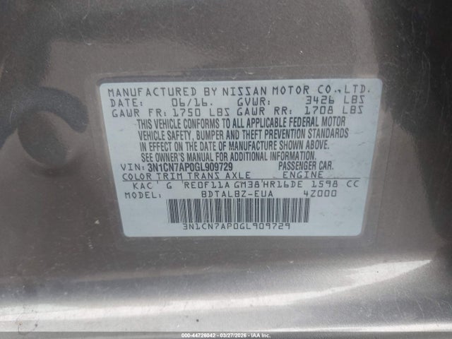 3N1CN7AP0GL909729 Nissan Versa 1.6 Sv