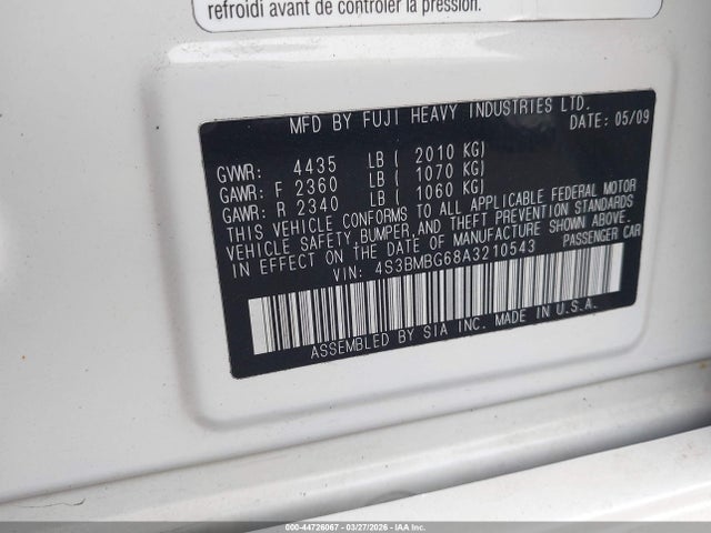 Aukcja sprzedaży 2010 Subaru Legacy 2.5i Premium, vin: 4S3BMBG68A3210543, numer aukcji: 44726067