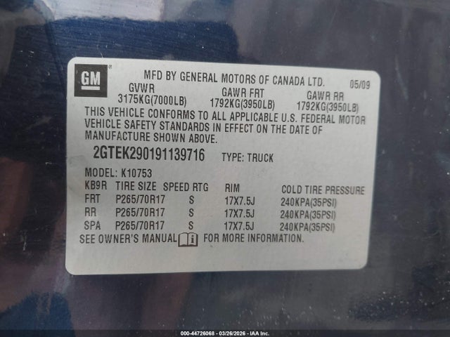 Aukcja sprzedaży 2009 Gmc Sierra 1500 Sle, vin: 2GTEK290191139716, numer aukcji: 44726068