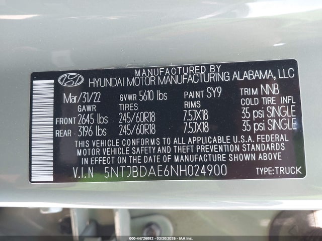 2022 Hyundai Santa Cruz Sel მანქანა იყიდება აუქციონზე, vin: 5NTJBDAE6NH024900, აუქციონის ნომერი: 44726082