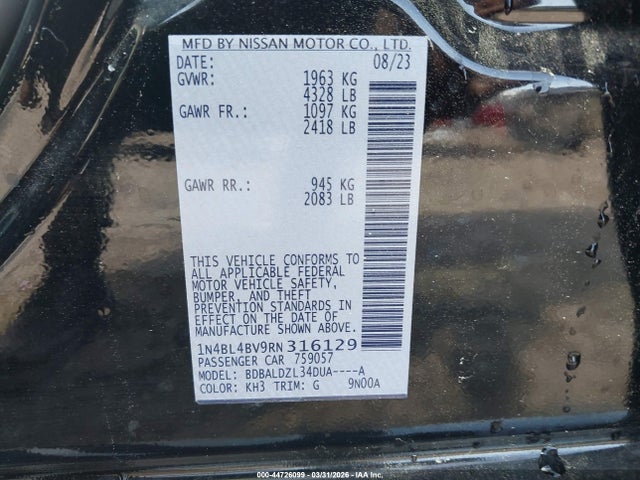 2024 Nissan Altima S Fwd მანქანა იყიდება აუქციონზე, vin: 1N4BL4BV9RN316129, აუქციონის ნომერი: 44726099