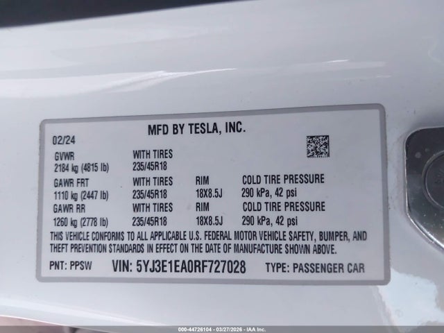 44726104 :رقم المزاد ، 5YJ3E1EA0RF727028 vin ، 2024 Tesla Model 3 Long Range Dual Motor All-wheel Drive/rear-wheel Drive مزاد بيع