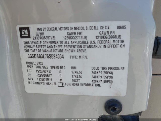 Продаж на аукціоні авто 2006 Buick Rendezvous Cx, vin: 3G5DA03L76S524064, номер лоту: 44726114