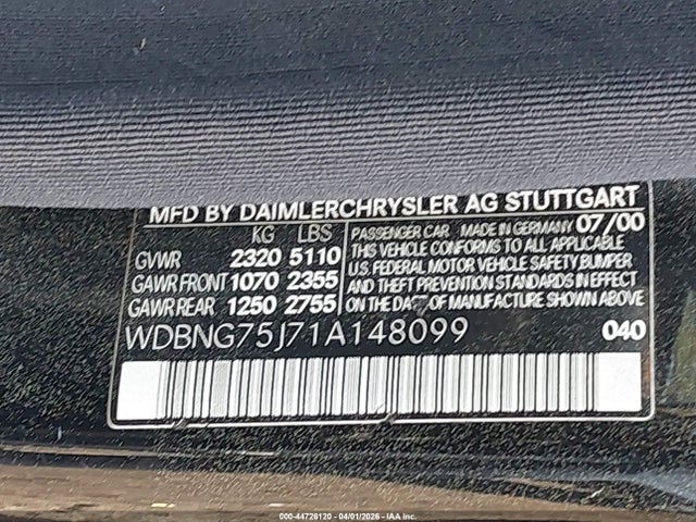 Продажа на аукционе авто 2001 Mercedes-benz S 500, vin: WDBNG75J71A148099, номер лота: 44726120