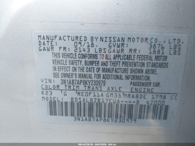Продаж на аукціоні авто 2019 Nissan Sentra S, vin: 3N1AB7AP8KY230979, номер лоту: 44726129