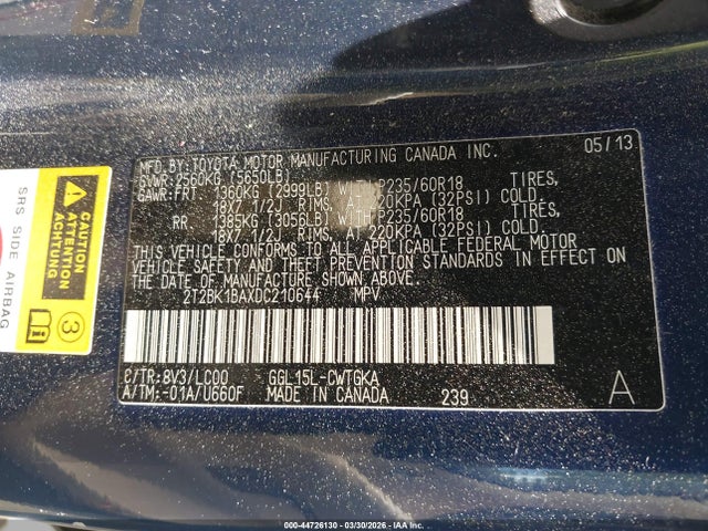 44726130 :رقم المزاد ، 2T2BK1BAXDC210644 vin ، 2013 Lexus Rx 350 مزاد بيع