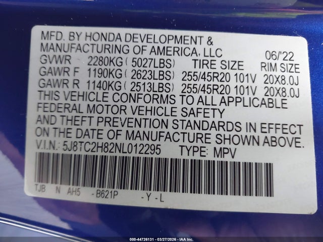44726131 :رقم المزاد ، 5J8TC2H82NL012295 vin ، 2022 Acura Rdx A-spec Advance Package/pmc Edition مزاد بيع