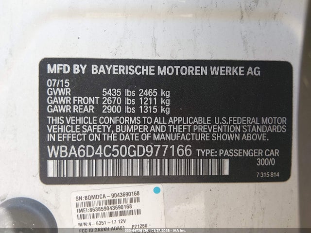 2016 Bmw 650i Gran Coupe მანქანა იყიდება აუქციონზე, vin: WBA6D4C50GD977166, აუქციონის ნომერი: 44726136