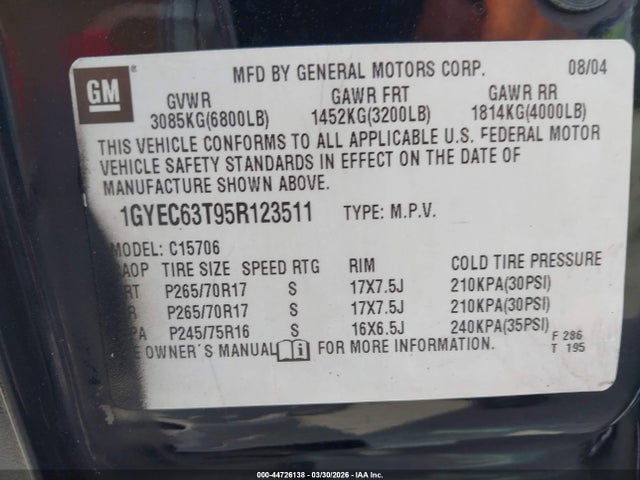 44726138 :رقم المزاد ، 1GYEC63T95R123511 vin ، 2005 Cadillac Escalade Standard مزاد بيع
