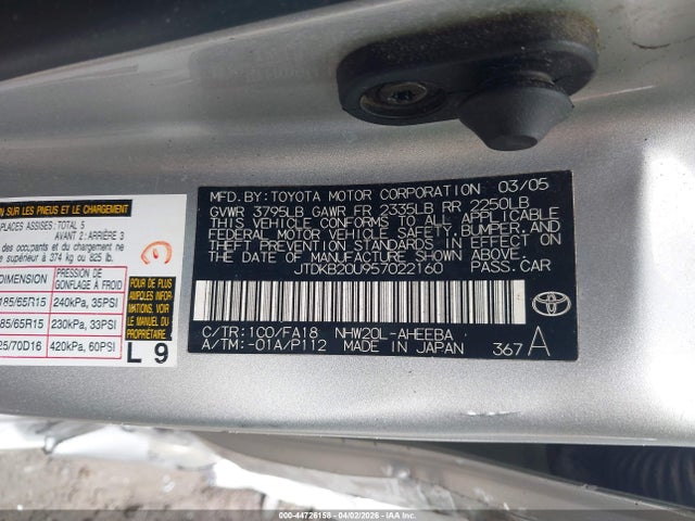 Aukcja sprzedaży 2005 Toyota Prius, vin: JTDKB20U957022160, numer aukcji: 44726158