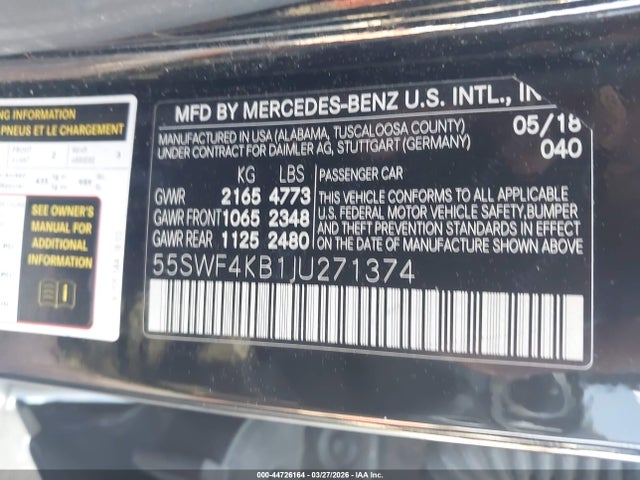 Auction sale of the 2018 Mercedes-benz C 300 4matic, vin: 55SWF4KB1JU271374, lot number: 44726164