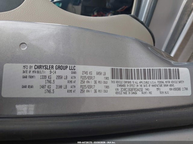 44726175 :رقم المزاد ، 2C4RC1BG8FR534232 vin ، 2015 Chrysler Town & Country Touring مزاد بيع