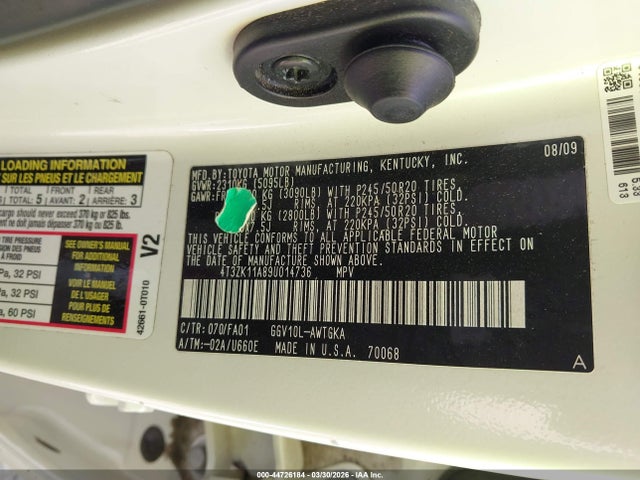 44726184 :رقم المزاد ، 4T3ZK11A89U014736 vin ، 2009 Toyota Venza Base V6 مزاد بيع