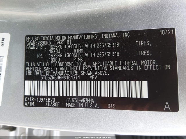 5TDGZRBH6NS161341 Toyota Highlander Xle