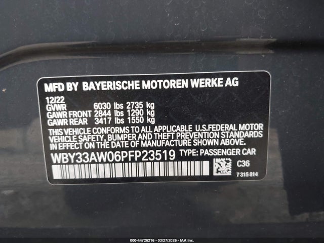 Продаж на аукціоні авто 2023 Bmw I4 M50, vin: WBY33AW06PFP23519, номер лоту: 44726216