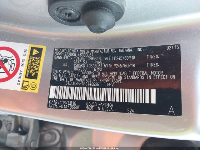 5TDJKRFH1FS140886 Toyota Highlander Xle V6