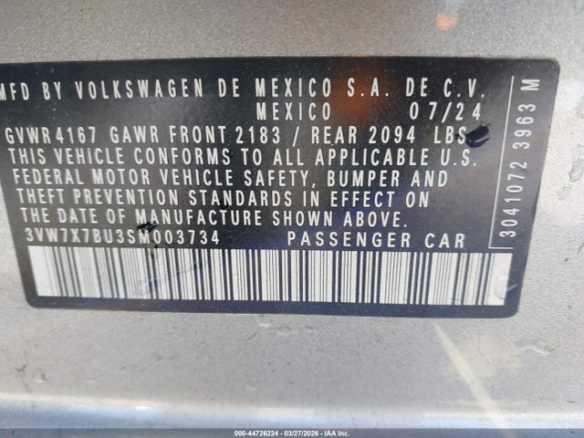 2025 Volkswagen Jetta 1.5t Se მანქანა იყიდება აუქციონზე, vin: 3VW7X7BU3SM003734, აუქციონის ნომერი: 44726224