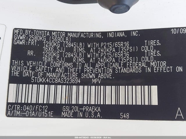 2010 TOYOTA SIENNA 5TDKK4CC8AS323694 Photo 8