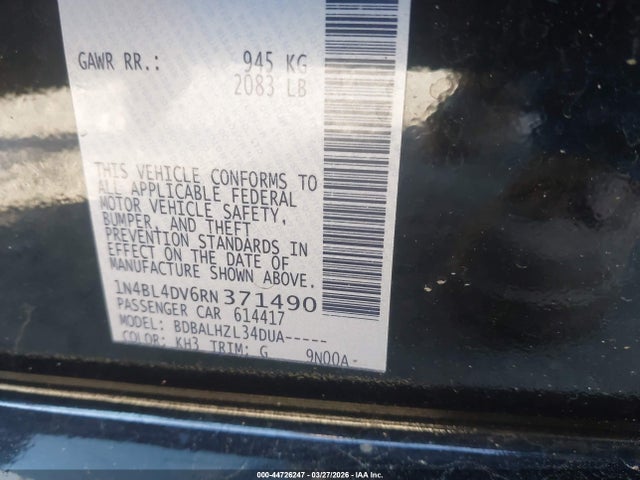 1N4BL4DV6RN371490 Nissan Altima Sv Fwd