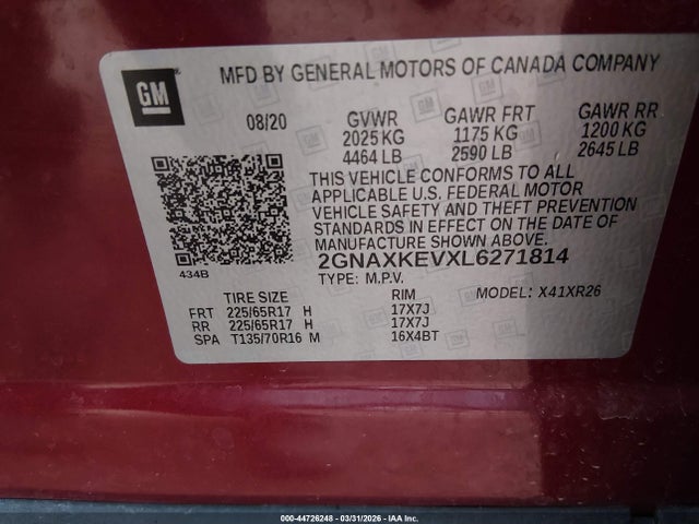 2020 Chevrolet Equinox Fwd Lt 1.5l Turbo მანქანა იყიდება აუქციონზე, vin: 2GNAXKEVXL6271814, აუქციონის ნომერი: 44726248