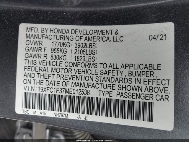 19XFC1F37ME012538 Honda CIVIC EX