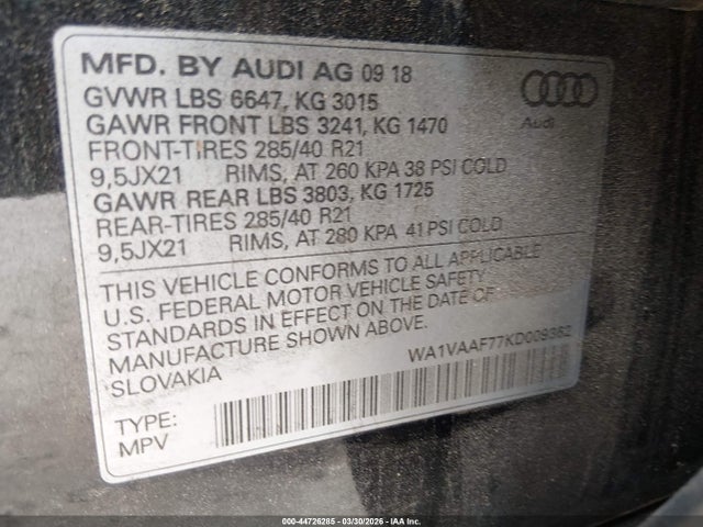 Продажа на аукционе авто 2019 Audi Q7 55 Premium, vin: WA1VAAF77KD009362, номер лота: 44726285