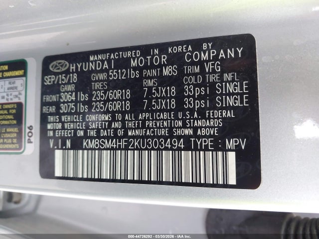 2019 HYUNDAI SANTA FE XL KM8SM4HF2KU303494 Photo 8