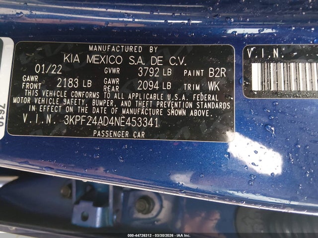 Продажа на аукционе авто 2022 Kia Forte Lxs, vin: 3KPF24AD4NE453341, номер лота: 44726312