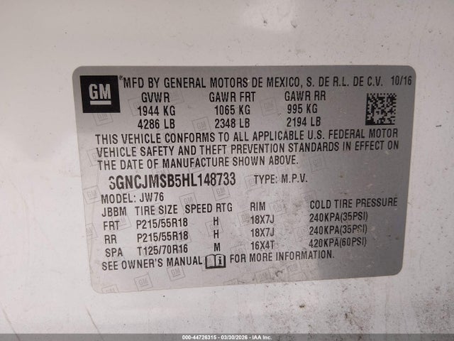 Aukcja sprzedaży 2017 Chevrolet Trax Premier, vin: 3GNCJMSB5HL148733, numer aukcji: 44726315