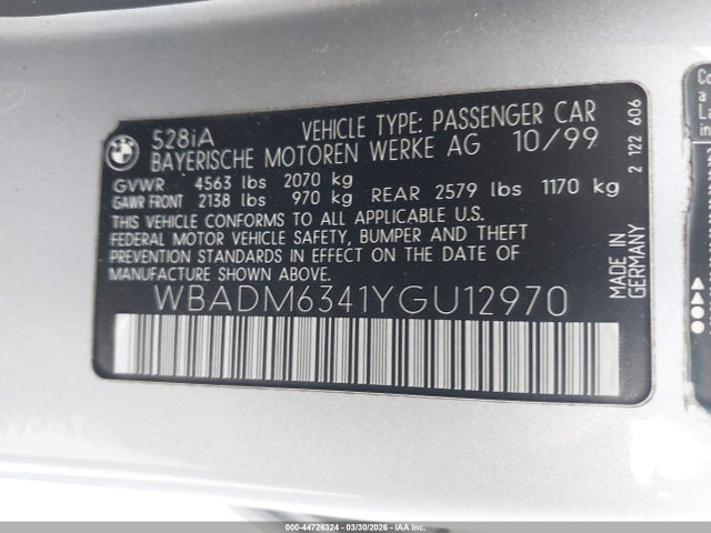 44726324 :رقم المزاد ، WBADM6341YGU12970 vin ، 2000 Bmw 528ia مزاد بيع