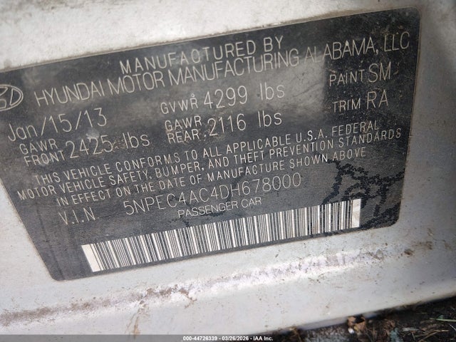 44726339 :رقم المزاد ، 5NPEC4AC4DH678000 vin ، 2013 Hyundai Sonata Se مزاد بيع