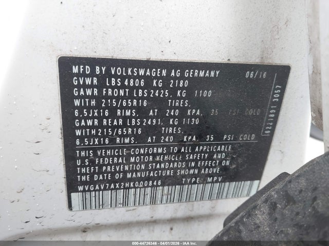 Продажа на аукционе авто 2017 Volkswagen Tiguan 2.0t S, vin: WVGAV7AX2HK000846, номер лота: 44726346