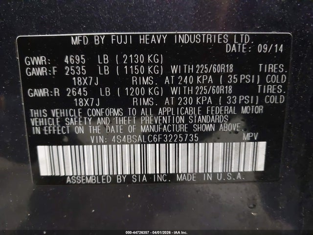Продажа на аукционе авто 2015 Subaru Outback 2.5i Limited, vin: 4S4BSALC6F3225735, номер лота: 44726357