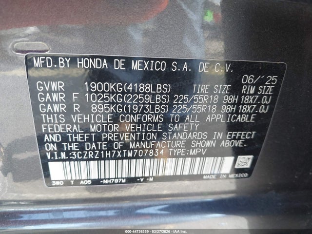 Продаж на аукціоні авто 2026 Honda Hr-v 2wd Ex-l, vin: 3CZRZ1H7XTM707834, номер лоту: 44726359