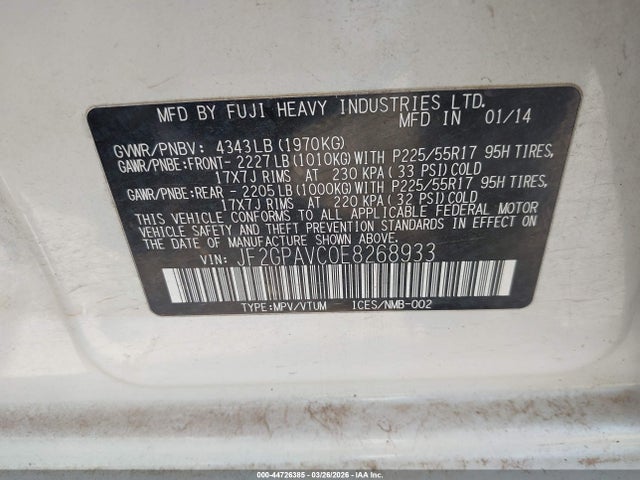 44726385 :رقم المزاد ، JF2GPAVC0E8268933 vin ، 2014 Subaru Xv Crosstrek 2.0i Premium مزاد بيع