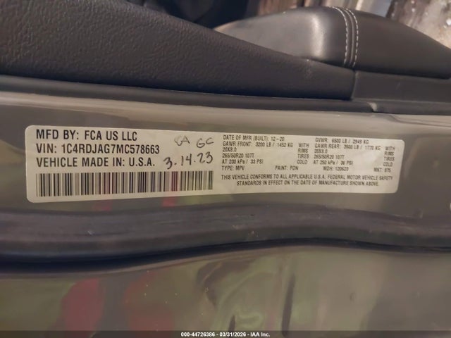 44726386 :رقم المزاد ، 1C4RDJAG7MC578663 vin ، 2021 Dodge Durango Sxt Plus Awd مزاد بيع