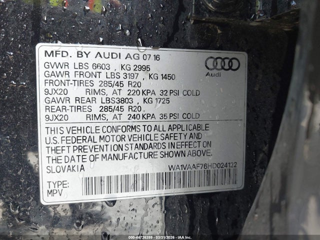 Продажа на аукционе авто 2017 Audi Q7 3.0t Premium, vin: WA1VAAF76HD024122, номер лота: 44726399