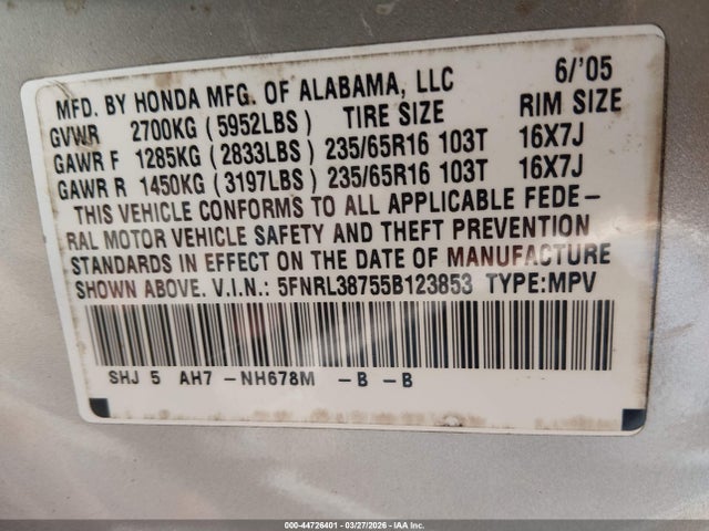 2005 HONDA ODYSSEY 5FNRL38755B123853 Photo 8