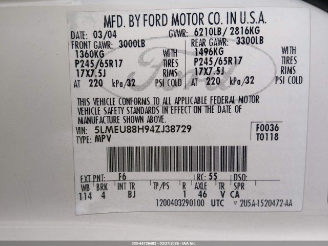 Aukcja sprzedaży 2004 Lincoln Aviator, vin: 5LMEU88H94ZJ38729, numer aukcji: 44726402
