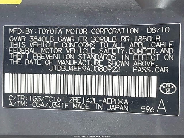 Aukcja sprzedaży 2010 Toyota Corolla Le, vin: JTDBU4EE9AJ080922, numer aukcji: 44726415