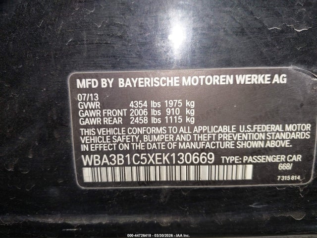 2014 Bmw 320i მანქანა იყიდება აუქციონზე, vin: WBA3B1C5XEK130669, აუქციონის ნომერი: 44726418
