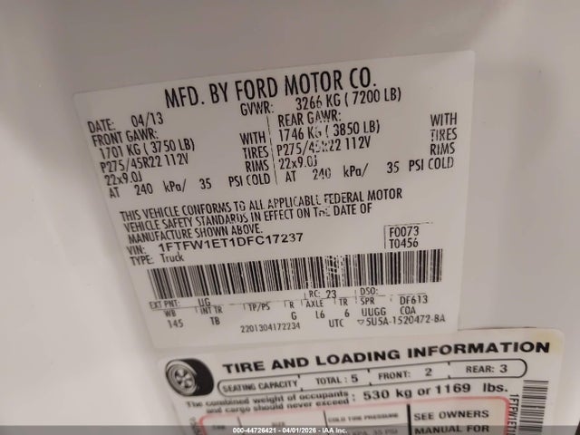 Продаж на аукціоні авто 2013 Ford F-150 Limited, vin: 1FTFW1ET1DFC17237, номер лоту: 44726421