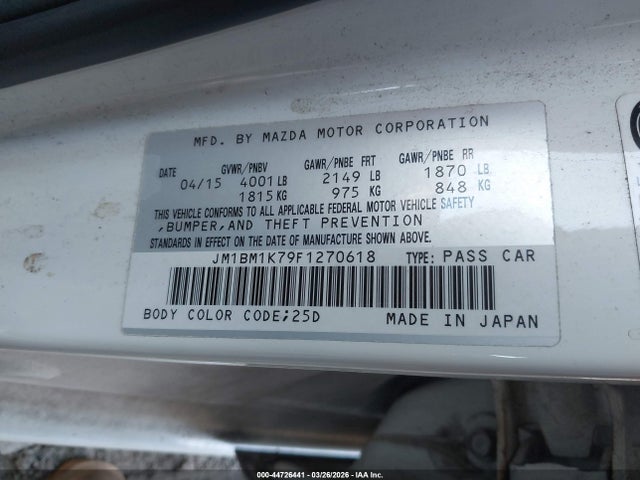 44726441 :رقم المزاد ، JM1BM1K79F1270618 vin ، 2015 Mazda Mazda3 I Sport مزاد بيع