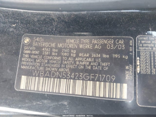 2003 Bmw 540i მანქანა იყიდება აუქციონზე, vin: WBADN53423GF71709, აუქციონის ნომერი: 44726442