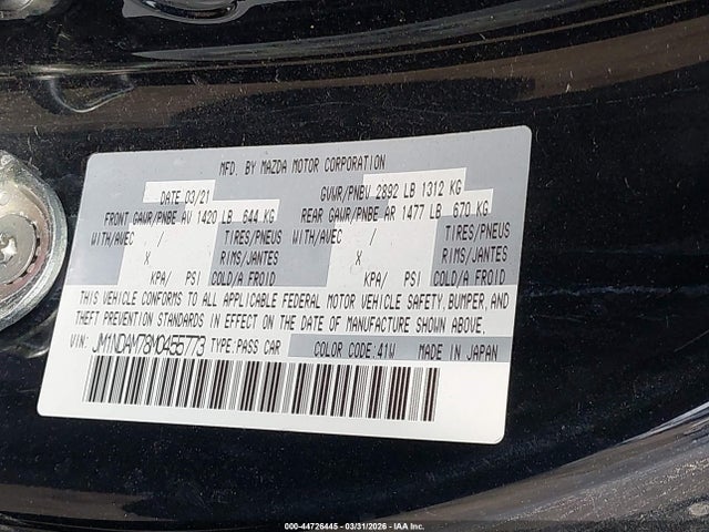 44726445 :رقم المزاد ، JM1NDAM78M0455773 vin ، 2021 Mazda Mx-5 Miata Rf Grand Touring مزاد بيع