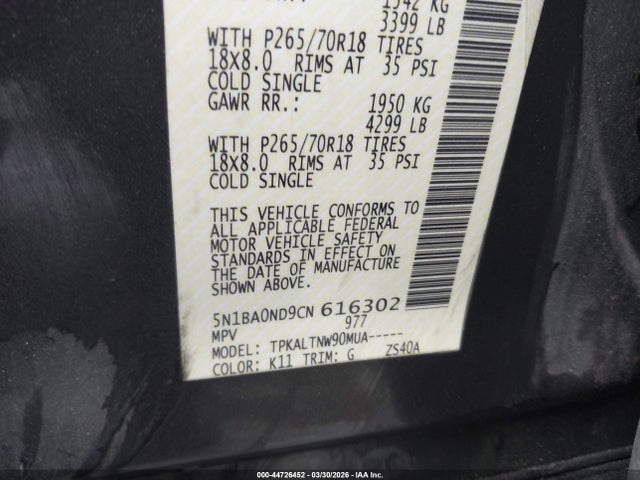44726452 :رقم المزاد ، 5N1BA0ND9CN616302 vin ، 2012 Nissan Armada Sv مزاد بيع