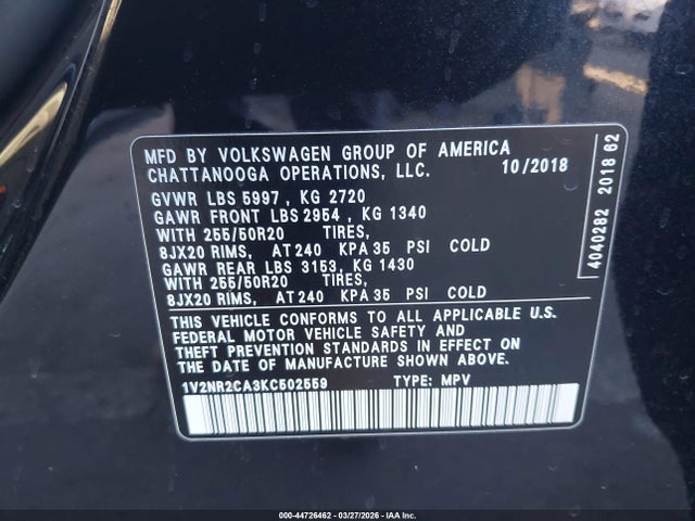 2019 Volkswagen Atlas 3.6l V6 Sel Premium მანქანა იყიდება აუქციონზე, vin: 1V2NR2CA3KC502559, აუქციონის ნომერი: 44726462