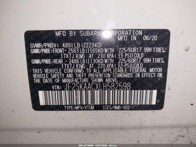 Aukcja sprzedaży 2020 Subaru Forester, vin: JF2SKAACXLH582598, numer aukcji: 44726469