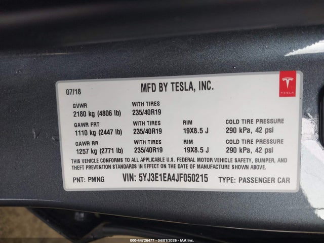 2018 Tesla Model 3 Long Range/mid Range მანქანა იყიდება აუქციონზე, vin: 5YJ3E1EA4JF050215, აუქციონის ნომერი: 44726477