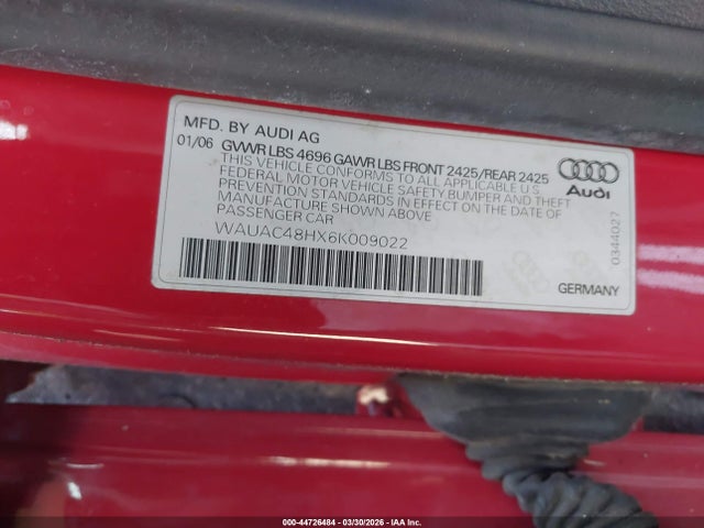 Aukcja sprzedaży 2006 Audi A4 1.8t, vin: WAUAC48HX6K009022, numer aukcji: 44726484